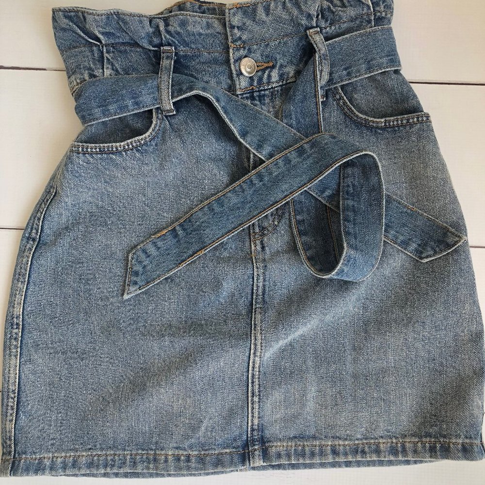 H&M Paper Bag Denim Skirt with Tie Belt